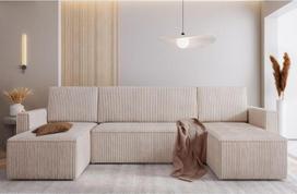 Kreminė Mimir Corduroy U formos kampinė sofa-lova 303 x 80 x 145 cm su miego funkcija ir patalynės konteineriu - sofa-lova su lovos dėže - kampinė sofa su laikymo vieta - audinys: POSO 100
