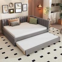 LANTRO JS sofa su miego funkcija, sofa-lova su skersiniu rėmu, aksominio audinio kampinė sofa, maža sofa-lova paaugliams, išskleidžiama sofa-lova, 140 x 200 cm, pilka