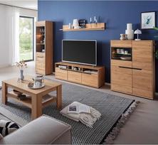 Lomadox Wohnmöbel Set Eiche teilmassiv modern 5-teilig, 1 Vitrina, 1 Wandboard, 1 Lowboard, 1 Couchtisch, 1 Highboard, LED-Beleuchtung - Massivholz/Echtholz/Furniert