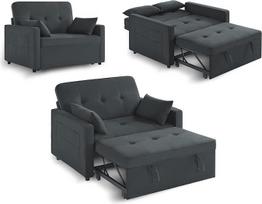 LUXOAK 3-in-1 transformuojama sofa lova su 5 lygių reguliuojamu atlošu, pilka lino medžiaga mažoms erdvėms, 186 x 122 cm dydžio lova su kišenėmis ir pagalvėlėmis