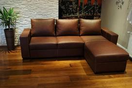 Maljorkos natūralios odos kampinė sofa 245 x 170 cm Sofa-lova su lovos funkcija ir lovos dėže Tikra oda su dekoratyviniais dygsniais Kampinė sofa