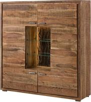 MASSIVMOEBEL24.DE "Wolfmöbel Bark Highboard" medžio masyvo spintelė su LED apšvietimu, tikra akacijos medžio žievė, 4 durys, kaimiška akacijos mediena, svetainės spintelė, natūralaus medžio lakuota