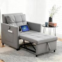 Miegamoji sofa-lova "3 viename" su miego funkcija, 1 sėdimoji miegamoji kėdė su lovos funkcija ir šonine kišene, reguliuojamu atlošu, konvertuojama kėdė-lova su USB/Type-C, skirta svetainei, miegamajam 82 x 188 cm (pilka)