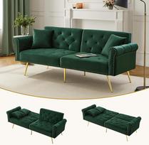 Miegamojo sofa su miego funkcija, dvivietė sofa su 3 lygių reguliuojamu atlošu, relaksacinė sofa su paauksuotomis metalinėmis kojelėmis, žalia