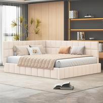 Minkšta sofa lova 160 x 200 cm, daugiafunkcinė lova su skersiniu rėmu, pagaminta iš odai nekenksmingo aksomo audinio, smėlio spalvos