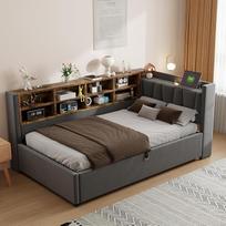 Minkšta sofa lova su hidrauline saugykla, naktine šviesa, USB ir C tipo įkrovimo prievadu, lentynomis ir daiktadėžėmis, paminkštintu galvūgaliu (tamsiai pilka, 90 x 200 cm)
