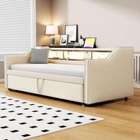 Minkšta sofa-lova 90/180 x 190 cm, daugiafunkcinis laikymo skyrius, LED lemputė ir USB lizdas, su skersiniu pagrindu, smėlio spalvos