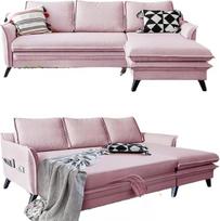 MIUFORM Kampinė sofa su miego funkcija ir lovos dėže, žavingas "Charlie" gyvenamasis kraštovaizdis su miego funkcija, sofa-lova, svetainė, svečių kambarys, medinės kojelės, boho stilius (miltelių rožinė, dešinė)