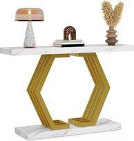 Moderner Schmaler Konsolentisch mit Sinterstein-Top, Gebürstetem Titan-Gold-Edelstahlrahmen & Quadratischer Stabiler Basis, Eingangstisch für Flur, Wohnzimmer und Foyer
