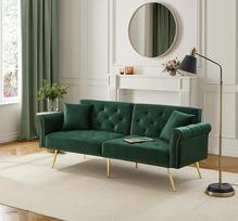Moderni dvivietė sofa-lova su aksominiu užvalkalu, atlošu su 3 lygių reguliavimu ir paauksuotomis metalinėmis kojelėmis, taupanti erdvę, 173 x 75 x 70 cm (žalia)