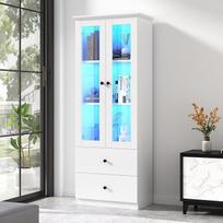 Moderni LED vitrina matinės baltos spalvos 165 cm aukščio su USB prievadu, 16 spalvų nuotolinio valdymo pulteliu, stiklinė vitrina su 2 stalčiais, vertikali vitrina su reguliuojamomis lentynomis, vitrina su dvigubu
