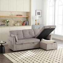 Modulinė L formos sekcijos sofa, modulinė kampinė sofa svetainei su keičiamu otomanu, veliūrinis audinys, daugiafunkcinė sofa-lova su laikymo vieta ir lagaminu, šviesiai pilka