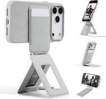 MOFT x Tombogo mobiliojo telefono trikojis išmaniajam telefonui, itin plonas ir nešiojamas, sulankstomas "Movas" veganinės odos trikojis "Magsafe", "3-in-1" mobiliojo telefono stovas su magnetiniu kortelių laikikliu, mini asmenukių lazdelė, cemento pilkos