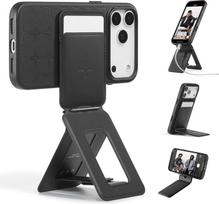 MOFT x Tombogo mobiliojo telefono trikojis išmaniajam telefonui, itin plonas ir nešiojamas, sulankstomas "Movas" veganinės odos trikojis "Magsafe", "3-in-1" mobiliojo telefono stovas su magnetiniu kortelių laikikliu, mini asmenukių lazdelė, Jet Black