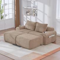 Nesurenkama dvivietė sofa-lova - modulinė sofa su puodelio laikikliu ir šonine kišene, erdvę taupanti sofa gyvenamajame kambaryje, chaki spalvos, 2 sėdimos vietos + 2 sėdimos vietos (chaki, 2S+2)