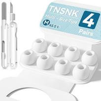 Pakaitiniai ausų kištukai "Airpods" 2/1 kartos ausinėms su valymo rinkiniu ir saugojimo dėžute (M, 4 poros, baltos spalvos)