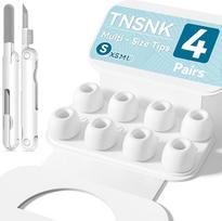 Pakaitiniai ausų kištukai "Airpods" 2/1 kartos ausinėms su valymo rinkiniu ir saugojimo dėžute (S, 4 poros, baltos spalvos)