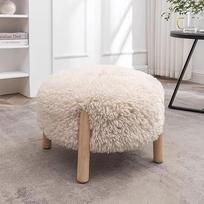 Paminkštinta kojų taburetė foteliui, maža medinė taburetė, apvali, "Pouf" taburetė su medinėmis kojelėmis, minkšta taburetė, apvali taburetė svetainei, miegamajam (balta)