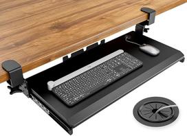 Po stalu esantis ištraukiamas klaviatūros dėklas su itin tvirta C spaustukų tvirtinimo sistema 27,3 (82,5 cm, įskaitant spaustukus) x 27,9 cm ištraukiama platforma Kompiuterio stalčius, skirtas rašyti juodai