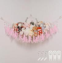Pretty Jolly Stofftier-Hängematte mit Pompon, Feder, Makramee, handgefertigt, Eck-Hängenetz, Boho-Plüschhalter für Spielzeug, Kinderzimmer, Schlafzimmer, Jungen, Mädchen, Geschenk (Rosa)