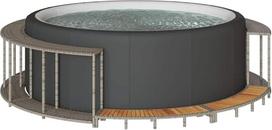 Rafinuota akacijos mediena, atspari atmosferos poveikiui Baseino riba Baseino danga sūkurinei voniai Whirlpool riba su laikymo vieta Mediniai laiptai Pilka Poly Rattan