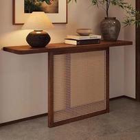 Rustic Console Table, stalviršis pagamintas iš medžio masyvo, prieškambario, svetainės ir prieškambario stalas su rotango pynėmis (rudos spalvos, 140 x 30 x 75 cm)
