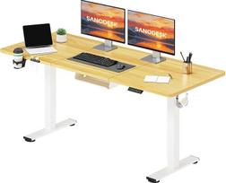 SANODESK 160 x 60 cm aukščio reguliuojamas rašomasis stalas su atminties funkcija, elektrinis stovimas stalas namų biurui, ergonomiškas modernaus dizaino kompiuterio stalas su keturių dalių stalviršiu - klevas