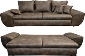 Senovinė didelė sofa su miego funkcija ir lovos dėže, plotis 275 x gylis 98 x aukštis 90 cm, "XXL Trend" sofa 275 cm pločio, bangų atrama, gulimas paviršius 148 x 194 cm, odos išvaizdos mikropluošto audinys, ruda spalva / 18008
