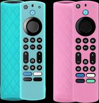 Silikon-Fernbedienungsabdeckung für 4K Max/Toshiba/Insignia/Pioneer/Omni (QLED) Serie Sprachfernbedienung mit Umhängeband, leuchtend, Blau und Rosa, 2 Stück