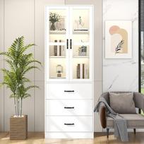 sogesfurniture Stiklinė vitrina Aukšta balta spinta su 2 stiklinėmis durelėmis ir 3 stalčiais Šiuolaikinė knygų saugojimo spinta Stovinti vitrina svetainei, biurui 60 x 40 x 200 cm