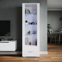 SONNI stiklinė vitrina su LED apšvietimu, juoda/balta, blizgus priekis, 4 lentynos ir 1 stalčius, stovinti vitrina, svetainės vitrina, W550 x D350 x H1720 mm