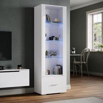 SONNI vitrina su LED apšvietimu, stiklinė vitrina su stalčiais, baltas blizgus priekis, kolekcionieriaus vitrina, W550 x D350 x H1720 mm