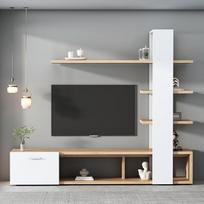 Svetainės sieninė spintelė, TV spintelė, svetainės baldų komplektas, 5 aukštų lentyna, 3 lentynos, 1 durelės ir 2 atviri sandėliavimo skyriai (apačioje), skirta televizoriams iki 60 colių, 180 x 33,5 x 151,5 cm