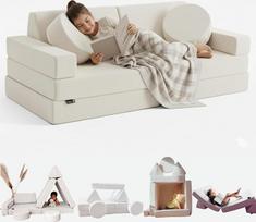 TIPICHOU žaidimų sofa vaikams - vaikiška sofa, sulankstoma, dvivietė, transformuojama į sofą-lovą, žaidimų aikštelę, fotelį, grindų čiužinį vaikams (kreminės baltos spalvos, dvivietė)
