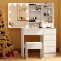 Tualetinis staliukas su LED apšvietimu ir taburetės komplektu, 3 spalvų šviesos, baltas kosmetinis staliukas su 6 stalčiais ir 6 skyriais (80 x 36 x 130 cm), makiažo staliukas miegamajame