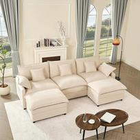 U formos modulinė sofa, 3 sėdimų vietų kampinė sofa su taburete, gilių sėdynių dizainas, "debesų" sofa svetainei (smėlio spalvos)