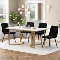 Valgomojo komplektas (5 dalių rinkinys), valgomojo stalas su 4 kėdėmis, modernus virtuvės stalo komplektas, 140 x 80 cm virtuvės stalas su aukso spalvos metalinėmis kojomis, baltos spalvos MDF stalviršis, juodos spalvos aksominės valgomojo kėdės