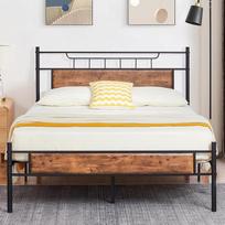VECELO Retro lova 140 x 200 cm metalinė lova su skersiniu rėmu, dvigulė lova su storu mediniu galvūgaliu, svečių lova, jaunimo lova, puikiai tinka miegamajam, svečių kambariui, rudos spalvos