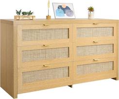 VEVOR rotango komoda su 6 stalčiais ir metalinėmis rankenomis, moderni rotango spinta miegamajam, svetainei, prieškambariui (144,5 x 45 x 79,5 cm)