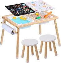 VEVOR Sensory Placemat Activity Table Vaikų sėdimųjų vietų ir smėlio ir vandens žaidimų stalas su 2 kėdutėmis ir 2 laikymo talpyklomis bei popieriaus ritinėlių laikikliu, medinis vaikiškas stalas - dovana vaikams