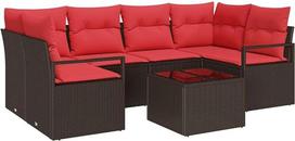 vidaXL Sofa Set mit Kissen 7 pcs Braun und Rot Poly Rattan, Garten- und Terrassenmöbel, modern, stabil, leicht, UV-beständig, Sofa-Set für draußen