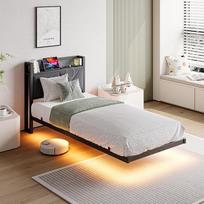 Viengulės plaukiojančios lovos rėmas su LED žibintais ir USB įkrovimo stotele 3 pėdų x 7 pėdų metalinės platformos lovos rėmas su 5 pėdų paminkštintu galvūgaliu, tvirtos metalinės lentjuostės be triukšmo / tamsiai pilka