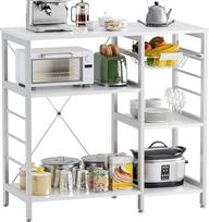 Virtuvės lentyna "Baker's Rack", mikrobangų krosnelės stovas su bambuko rėmu, 90 cm kavos baras su vieliniu krepšeliu ir 6 kabliukais, 3 pakopų virtuvės lentynos stovas virtuvei, svetainei, biurui, baltas