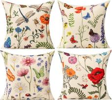 Visi šypsosi Pavasaris Lauko mesti pagalvėlių dangteliai Sodo gėlės Ūkio lauko baldų suoliukas Dekoratyvinė pagalvėlė 16 x 16 colių rinkinys iš 4 Patio Sofa Sofa Kėdė, drugelis Dragonfly Vasaros dekoracijos