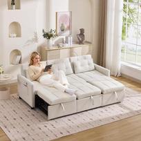 vutizal Modulinė sofa-lova 3 sėdimų vietų: Reguliuojamas atlošas iki 180° iki svečių lovos, kampinė sofa su šoninėmis kišenėmis, virvės užvalkalas, smėlio spalvos