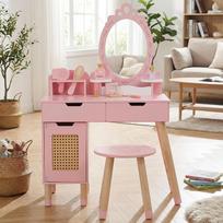 WOODENFUN Pink Retro Retro Palissaden princesės tualetinis staliukas vaikams su taburete, stalčiumi, makiažo rinkiniu, daugiafunkcinis medinis tinklelio tualetinis staliukas vaikų gimimo dovanai