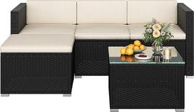 Yaheetech 5 sodo baldų rinkinys Balkono baldų rinkinys iš PE rotango oro sąlygoms atsparūs terasos baldai Lauko baldai su 2 kampinėmis sofomis ir sofa ir kėde ir šoniniu staliuku ir sėdynės pagalve sodui/balkonui/patalpai