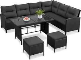 Yaheetech Polyrattan Lounge, įskaitant kampinę sofą, valgomojo stalą, 2 taburetes ir pagalvėles iki 7 žmonių, oro sąlygoms atsparus sodo baldų komplektas, rotango sėdimųjų baldų komplektas, sodo poilsio, valgomojo komplektas sodui, balkonui, terasai, juod