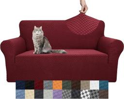 YEMYHOM Kanapės užvalkalas Žakardinis dizainas Aukšto tempimo sofos užvalkalas 2 pagalvėlėms naminių gyvūnėlių šuo katė Slipcover Neslystantis magiškas elastingas baldų apsauga (Loveseat, vyno raudona)