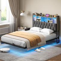 YITAHOME LED lovos rėmas su galvūgaliu LED apšvietimas USB įkrovimo stotelė su galvūgaliu Plaukiojantis dizainas Metalinis rėmas Audinys, pilkos spalvos, be čiužinio 180 x 200 cm